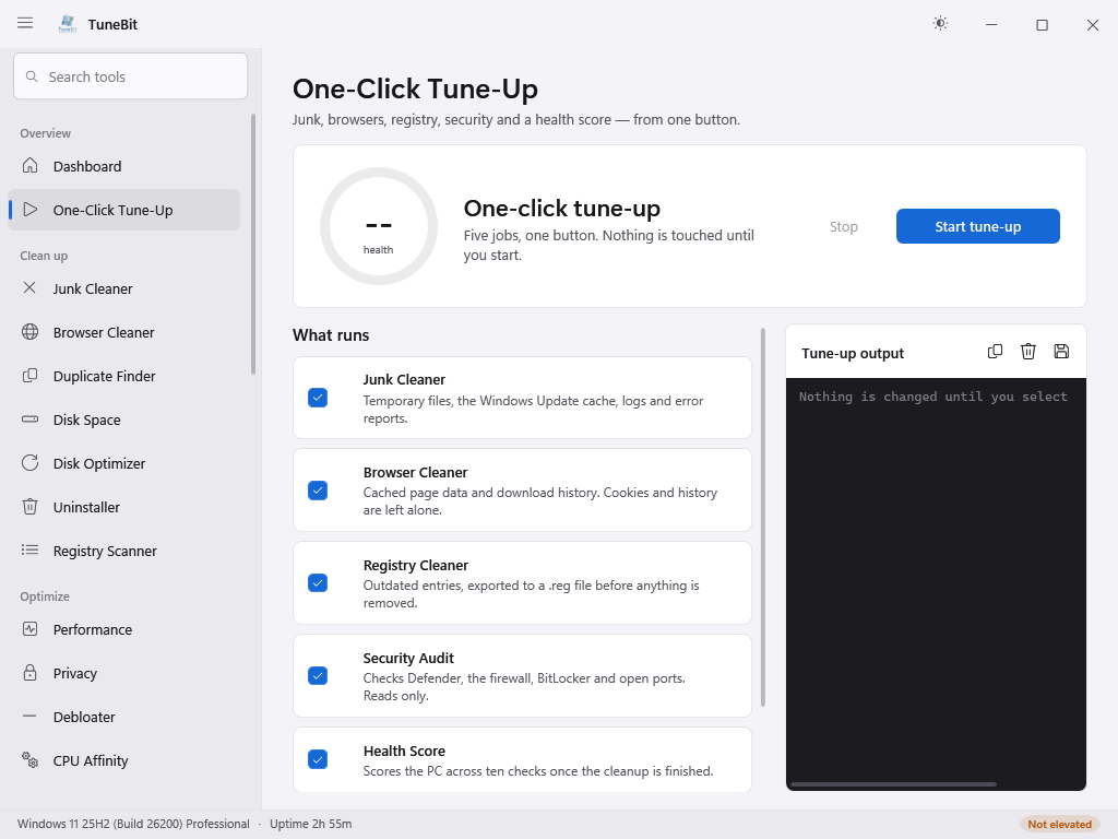 The TuneBit One-Click Tune-Up screen. A large blue button labelled Start tune-up sits at the top right, beside the words: five jobs, one button, nothing is touched until you start. Below it are the five jobs, each with a tick beside it.